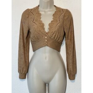 Womens Medium Brown Tan Eyelet Crop Top Long Sleeve Coquette Boho Festival